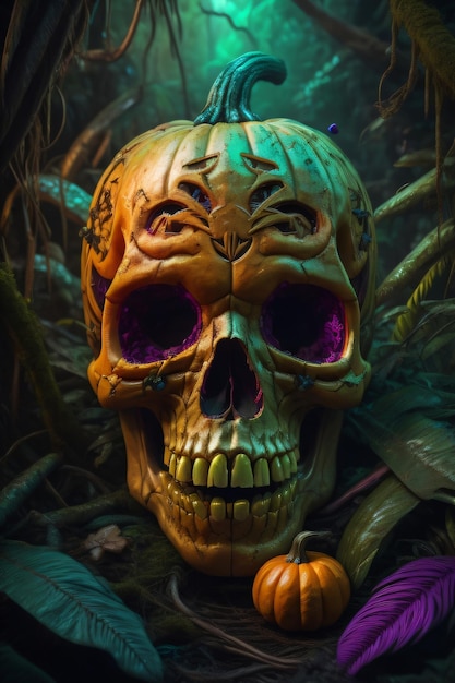 Halloween pumpkin in the shape of a skull in the forest