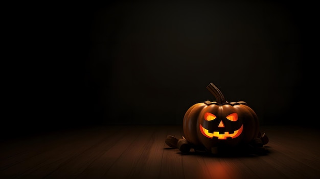 A halloween pumpkin sits in a dark room.