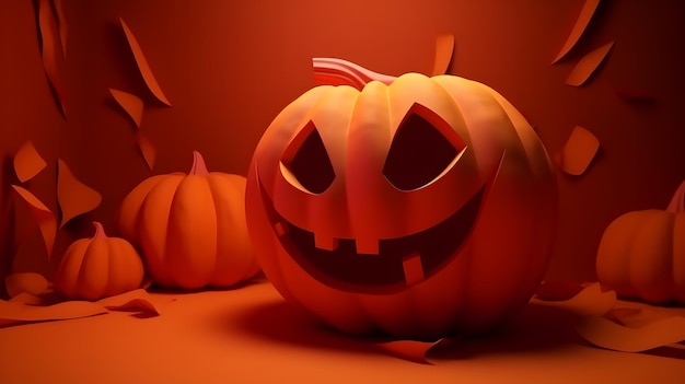 A halloween pumpkin sits in an orange room with a bunch of pumpkins on the floor.