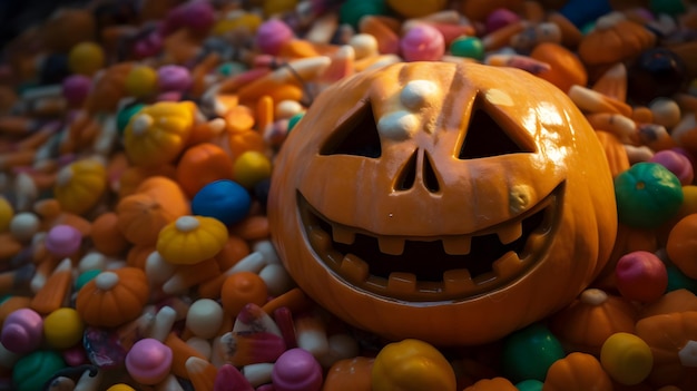 A halloween pumpkin sits in a pile of candy.