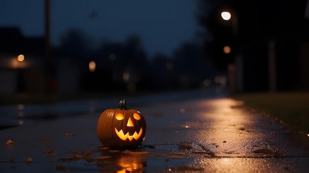 A halloween pumpkin sits on the street at night.