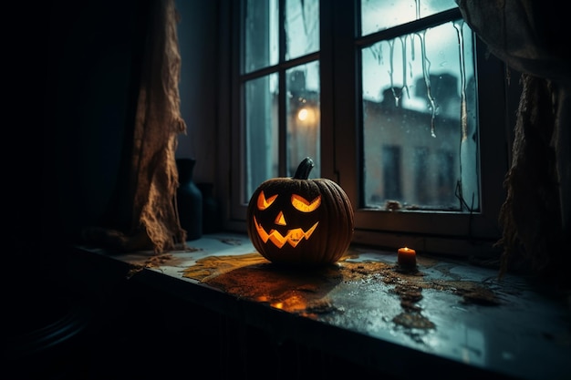 A halloween pumpkin sits on a window sill in the dark.