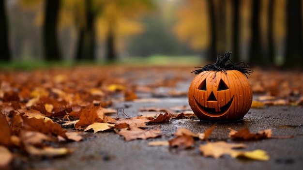 A halloween pumpkin sitting on the ground surrounded by leaves