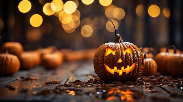Хэллоуинская тыква Улыбка и страшные глаза на темном фоне боке Джек о фонарь Вид крупным планом