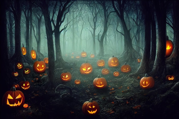 Halloween pumpkin on a spooky forest concept art illustration