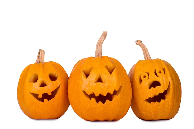 Halloween pumpkin, three funny face isolated on white.