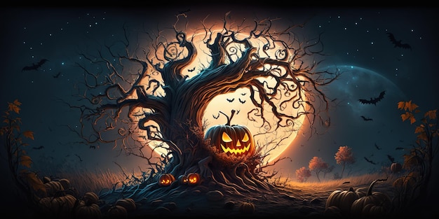 A halloween pumpkin tree with a full moon in the background