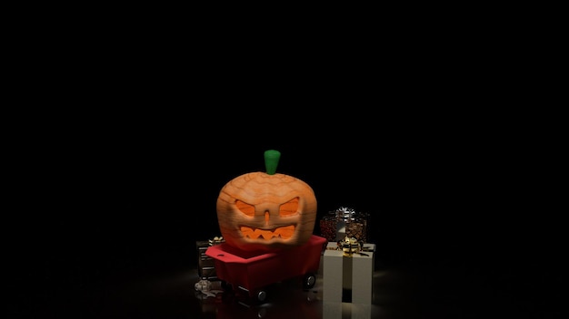 Foto la zucca di halloween sul carrello del carrello per il rendering 3d del concetto di vacanza