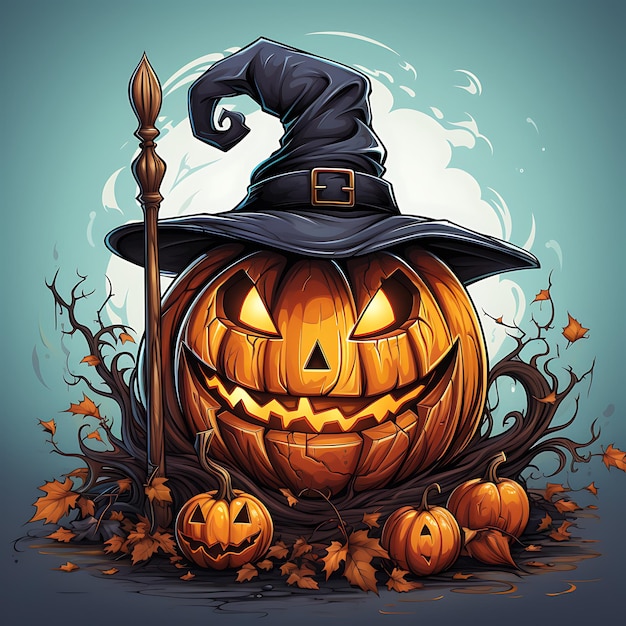 Halloween pumpkin vector with broom in the style of mysterious backdrops caricature