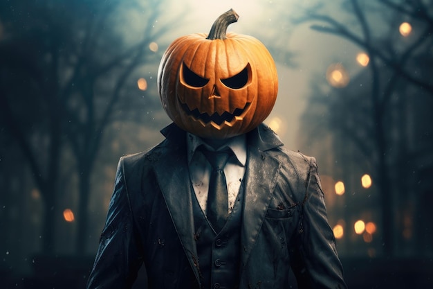 Halloween pumpkin wearing a black suit Generative AI