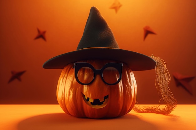 Halloween pumpkin in witch hat and glasses isolated on orange background Halloween Generative AI
