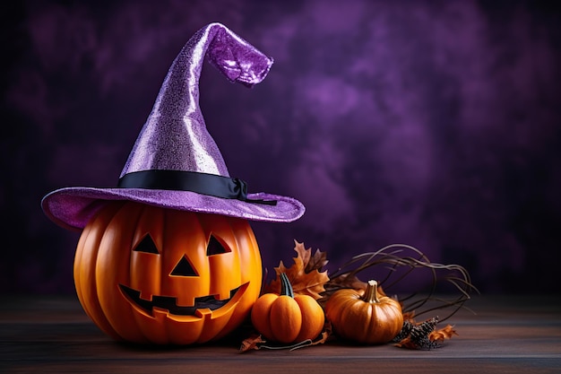 Halloween pumpkin in witches hat on violet background