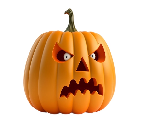 A halloween pumpkin with an angry face and a white background.