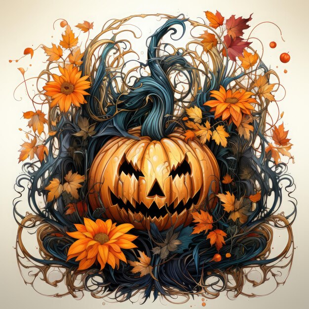 Halloween pumpkin with autumn leaves and flowers halloween vector illustration