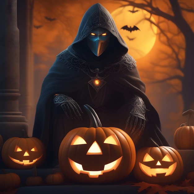 Halloween pumpkin with Black Spectre in dark forest 3D illustration