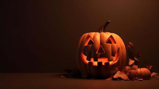 A halloween pumpkin with a carved face sits in a dark room.