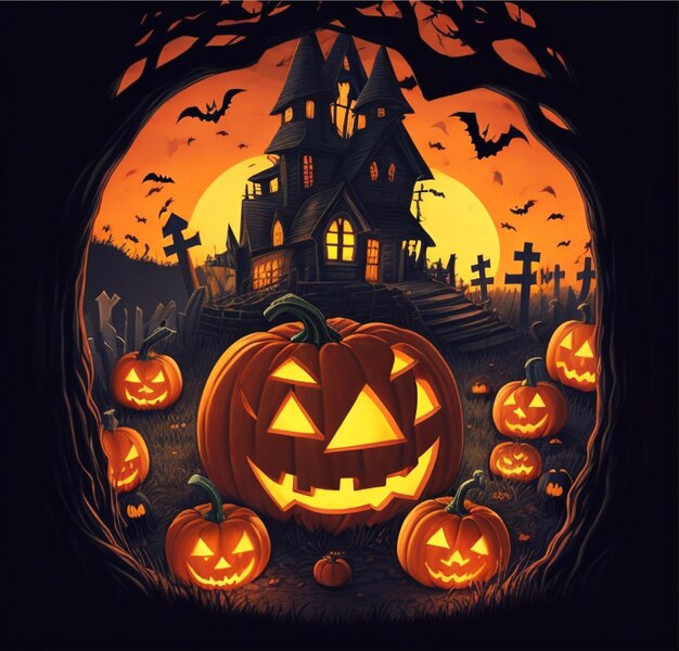 Halloween Pumpkin with Castle night Background