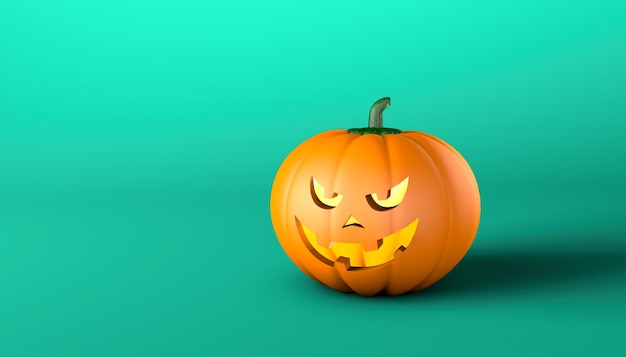 Halloween pumpkin with an evil face on a green background. Copy space for text. 3d render