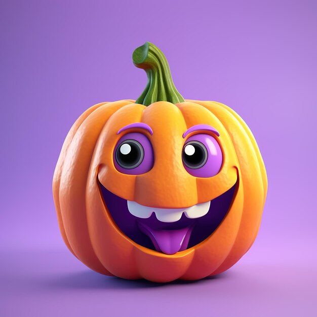 ハロウィーンのカボチャは目と笑顔で明るい紫色の背景に3Dで描かれています