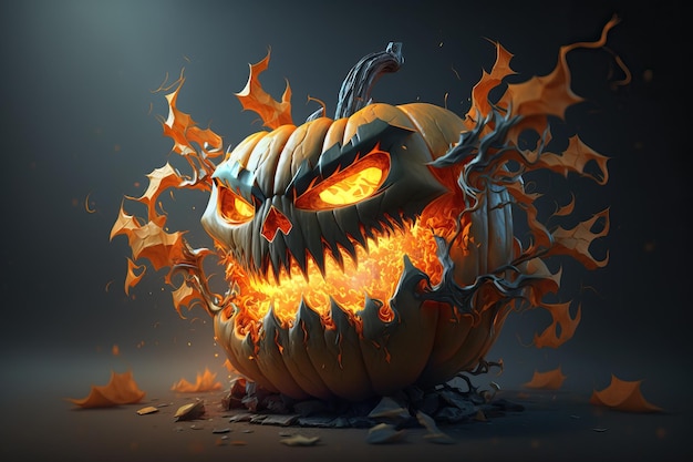 A halloween pumpkin with a face made of flames