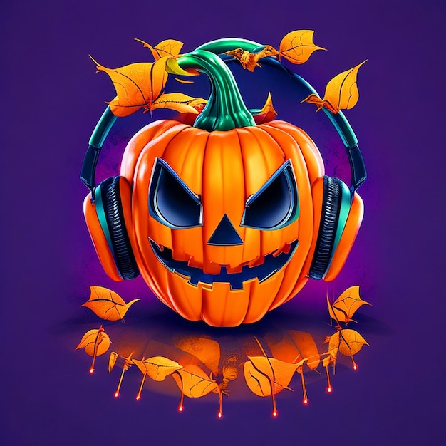 Halloween pumpkin with a funny face smiling with headphones image