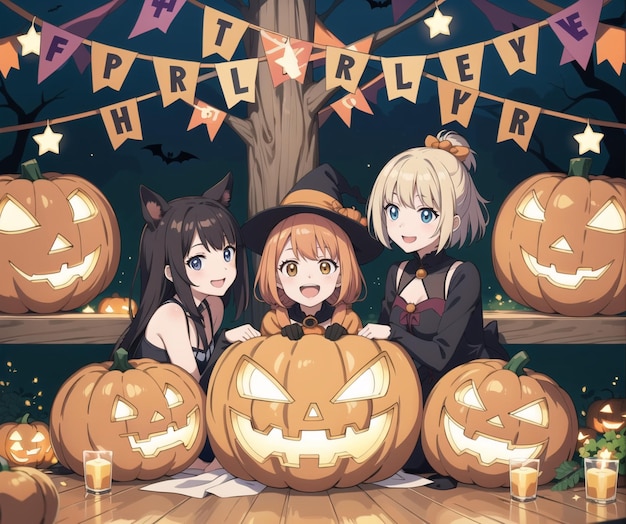 女の子が描かれたハロウィーンのカボチャ