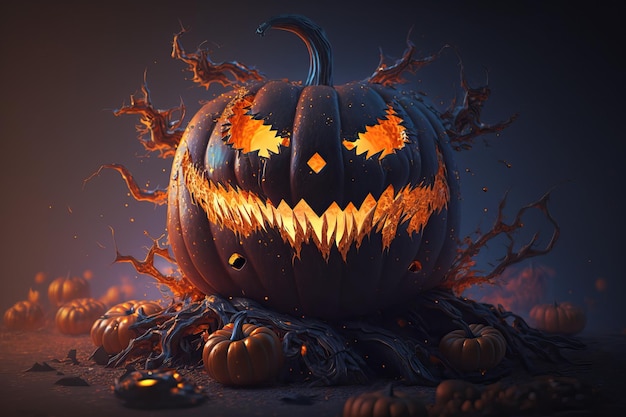A halloween pumpkin with glowing eyes sits in a dark place.