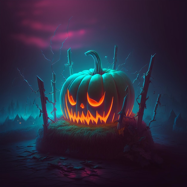 A halloween pumpkin with a glowing face is lit up in a dark scene.