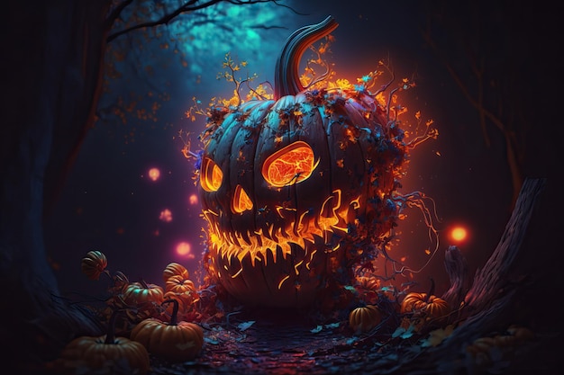 A halloween pumpkin with glowing orange flames