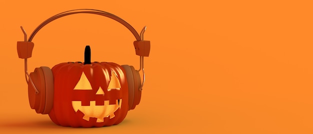 Halloween pumpkin with headphones Party background Banner 3d illustration