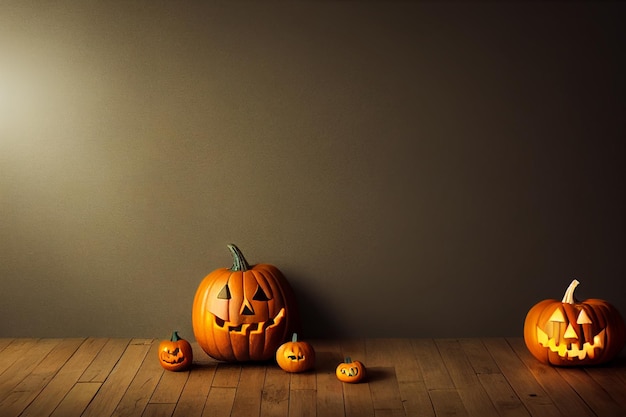 Halloween pumpkin with horns and carved face Pumpkin lantern on a light wall