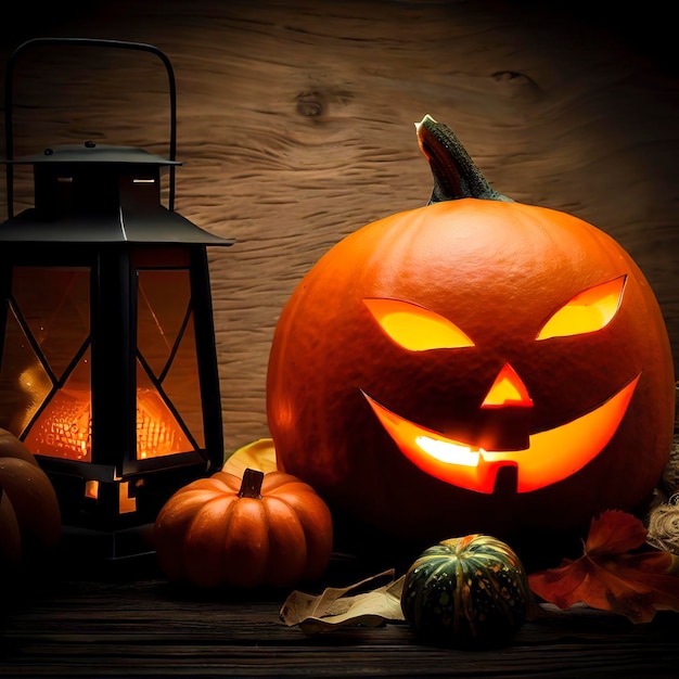 Halloween pumpkin with lantern on wooden