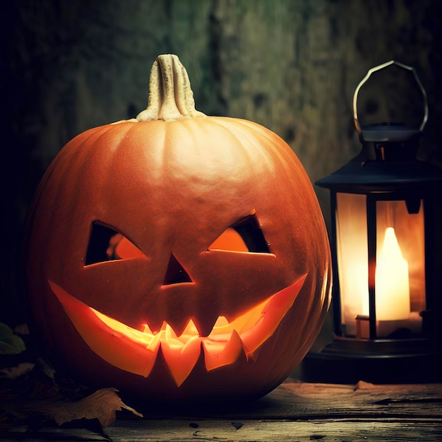 Halloween pumpkin with lantern on wooden