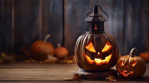 Halloween pumpkin with lantern on wooden