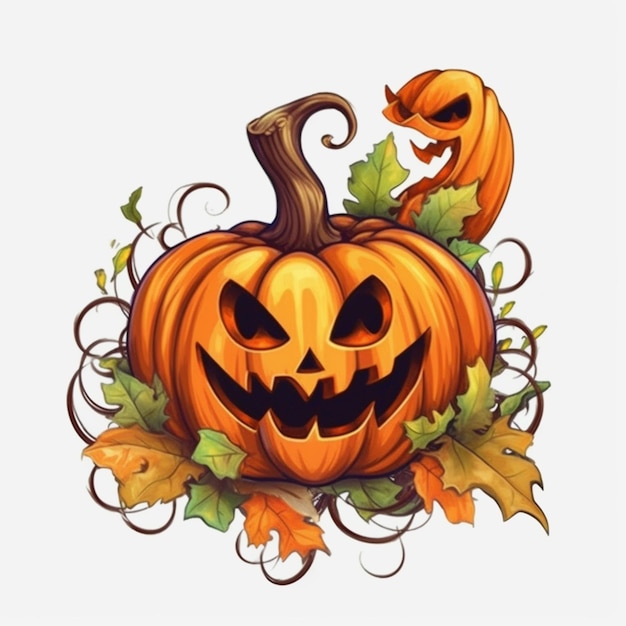 A halloween pumpkin with a leafy design on it