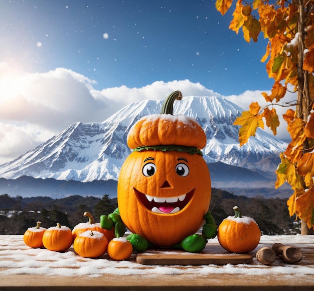 Halloween pumpkin with mountain background halloween and happy face