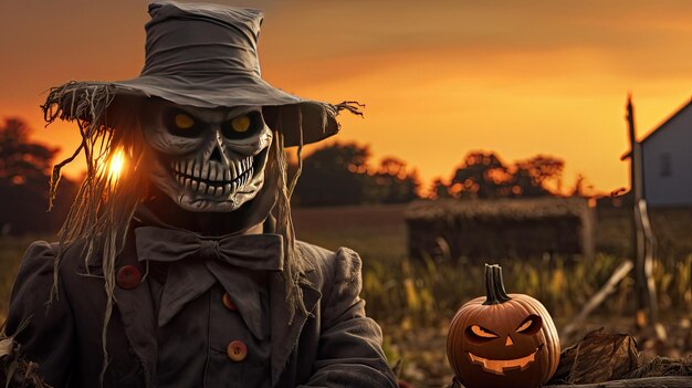 a halloween pumpkin with a scarecrow in the background.