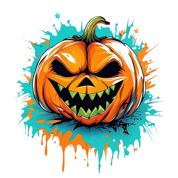 Halloween pumpkin with scary face and colorful splashes