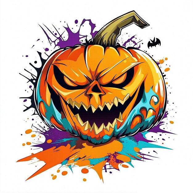 Halloween pumpkin with scary face and colorful splashes