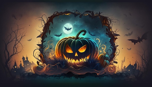 Хэллоуинская тыква со страшным лицом и полной луной на заднем плане.