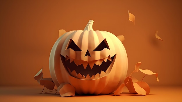 A halloween pumpkin with a scary face is breaking through the broken pieces.