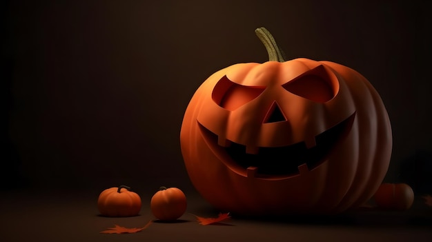 A halloween pumpkin with a scary face sits on a dark background.