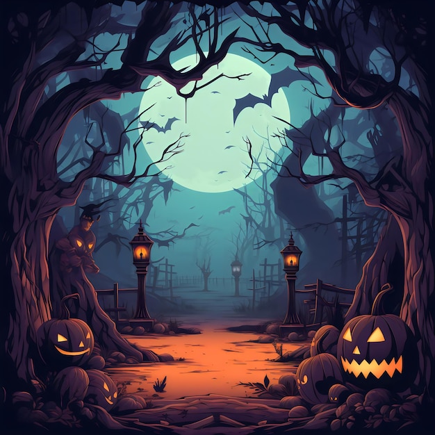 Halloween Pumpkin with scary night background created with Generative AI