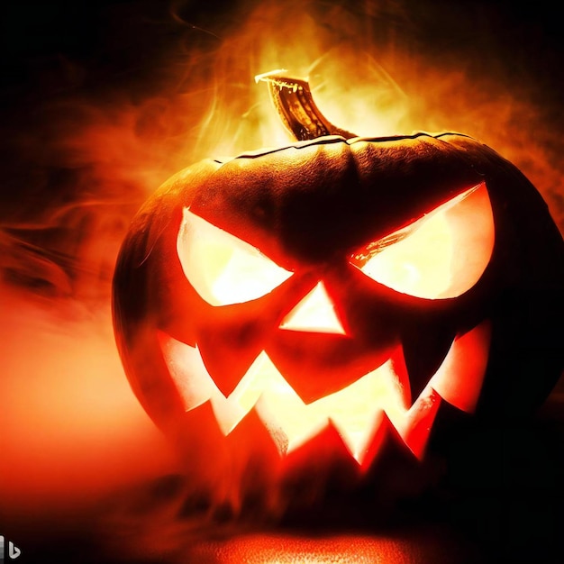 Halloween pumpkin with scary orange light faces with smoky black backgrounds