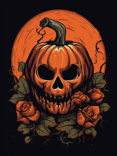 Хэллоуинская тыква с черепом и розами на черном фоне