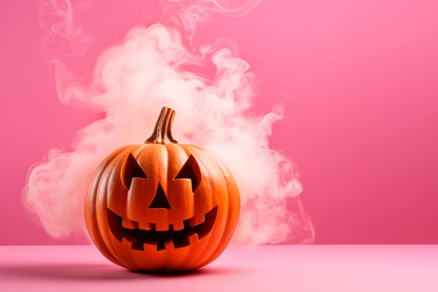 Foto zucca di halloween con fumo contro uno sfondo rosa generativo ai
