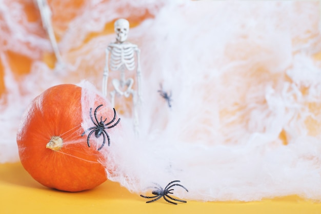 Halloween pumpkin with spider web skeleton and black spiders on an orange background