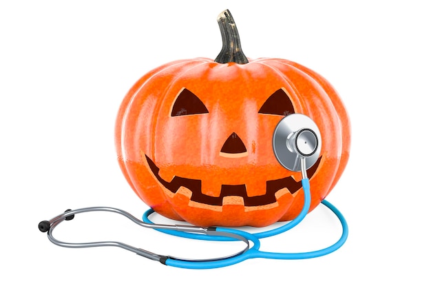 Halloween Pumpkin with stethoscope 3D rendering