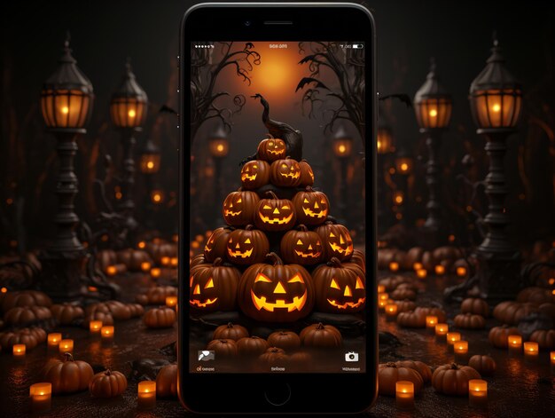 Хэллоуинская тыква с фотографией на мобильном телефоне