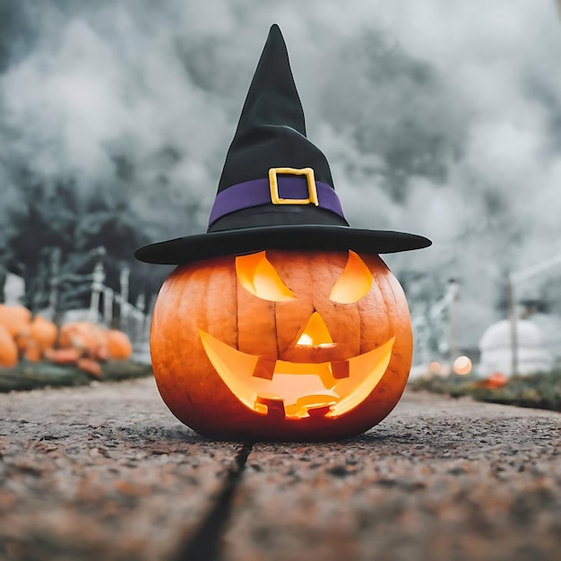 Halloween pumpkin with witch hat on background of foggy street